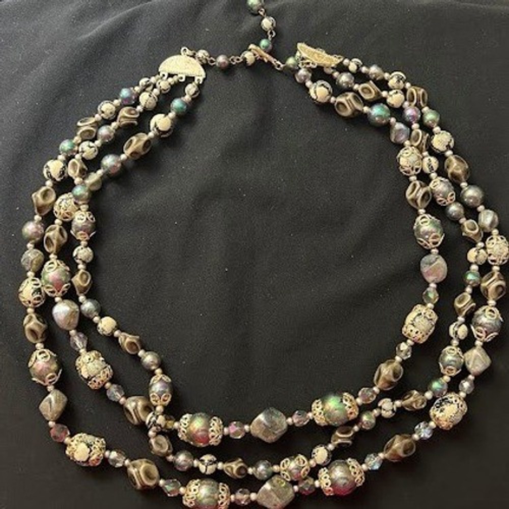 Vintage Style Multi Strand Beaded Necklace Iridescent Grey Gold Filigree Boho